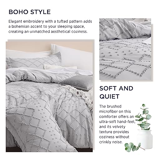 Image of Bedsure Twin Comforter Set - Light Grey Comforter, Boho Tufted Distressed Vintage Bedding for Kids, 2 Pieces Farmhouse-Style Bed Set for All Seasons, Fluffy Soft Bedding with 1 Pillow Sham
