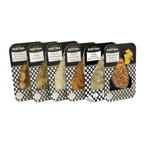 Sertina Platos Preparados Gourmet Pack SURTIDO MIX de 6 x 350g - Pollo con miel y mostaza, y al ajillo, Lasaña Pularda, Albóndigas a la Madrileña, Berenjenas Rellenas y Paella Valenciana.
