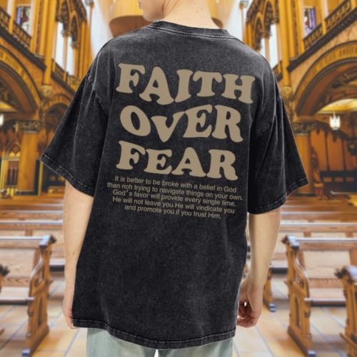 Christian Shirts for Men Faith Over Fear Oversized Shirt Acid Wash Tshirt Graphic Religious T Shirt Bible Verse Tees4
