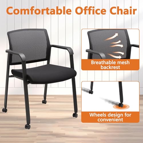 Image of CLATINA Mesh Back Guest Reception Arm Chairs with Wheels, Waiting Room Chairs with Upholstered Fabric Seat and Ergonomic Lumbar Support for Office Conference School Church Black (4 Pack)