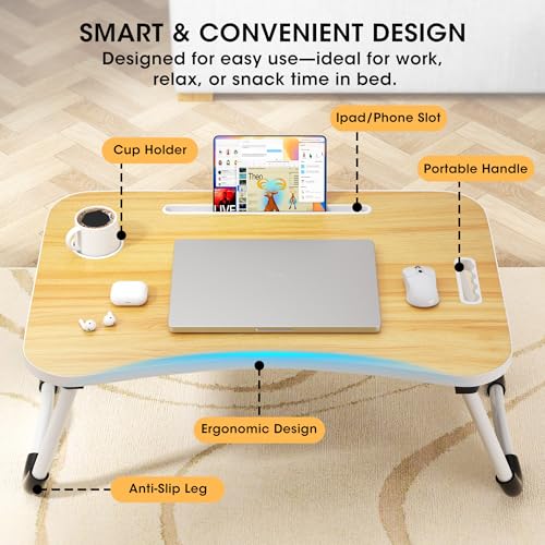 Image of Folding Lap Desk, 23.6 Inch Wood Laptop Bed Desk with Cup Holder, Portable Bed Table for Working Writing Reading, Eating for Bed, Floor, Sofa, Couch - Yellow