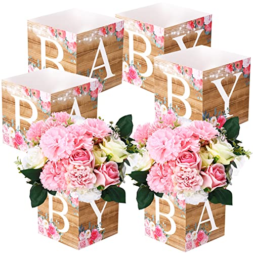 Image of Bucherry 6 Pcs Baby Shower Centerpiece Boxes with 'baby' Letters Flower Boxes Tables Decoration for Girl Baby Shower, Birthday, Gender Reveal Party Favors(Wooden Color,Rustic Floral)