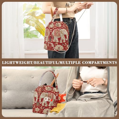 Image of ElliTarr Crochet Bag Yarn Bag with Handle Portable Knitting Project Bag Travel Yarn Storage Organizer Holder Case Red Retro Elephant Flowers