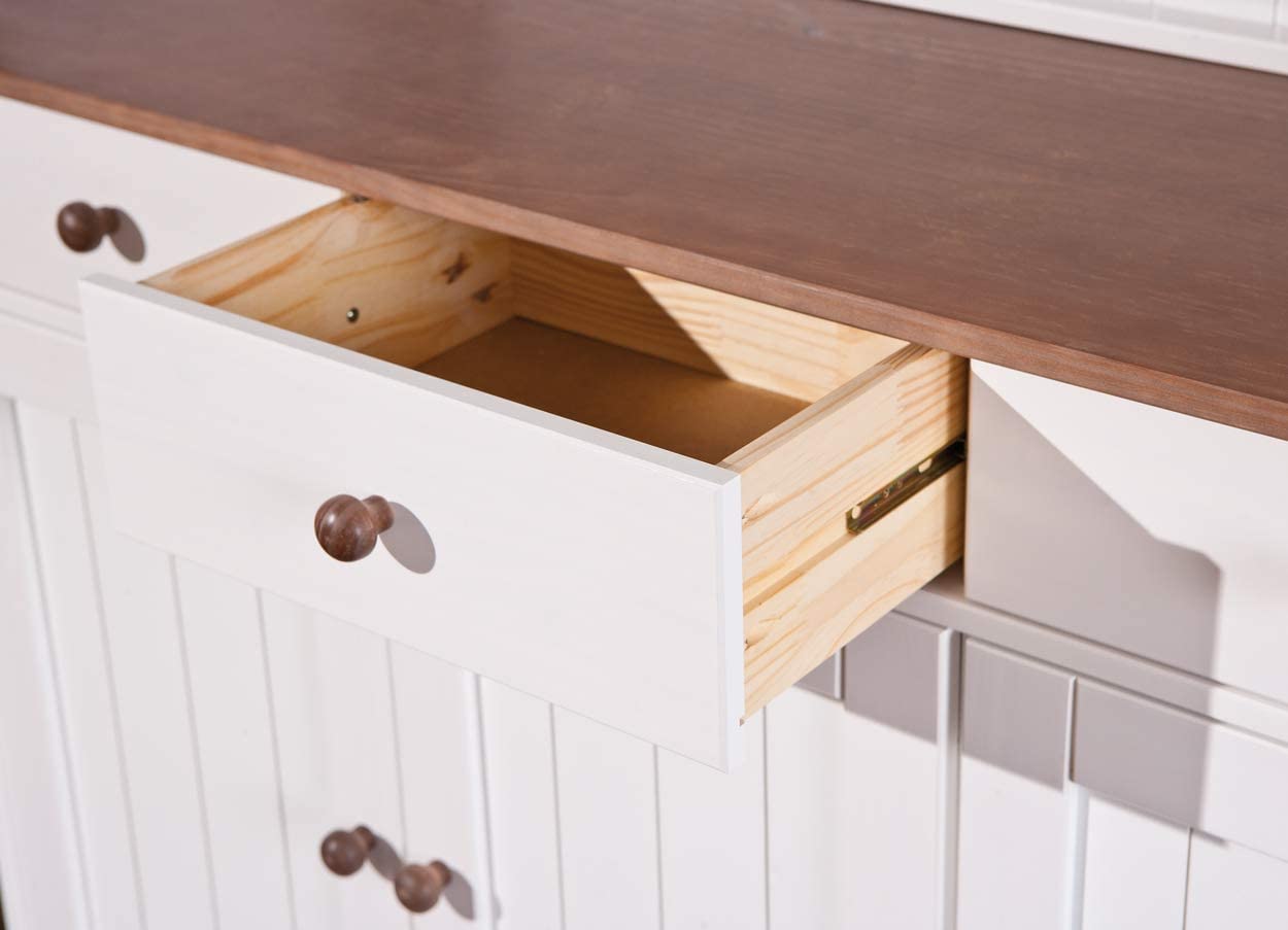 Inter Link - Vitrinenschrank - Küchenschrank - Geschirrschrank - Esszimmerschrank – Vitrine - Landhausstil - Kiefer Massivholz – 5 Türen – 3 Schubladen – Westerland 6.2 – Weiß/Sepia lackiert