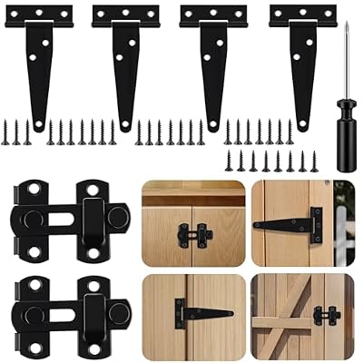 4 Bisagras en T Pesadas (10cm) y 2 Pestillo de Puerta Granero Acero Inoxidable Negro, Bisagras de Correa Duraderas con Tornillos para Portón Jardín – para Exterior e Interior