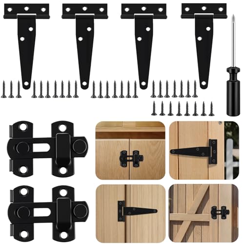 4 Charnières en T Lourdes (10cm) et 2 Verrou de Porte Acier Inoxydable Noir, Charnières à Sangle Robustes pour Portail de Jardin Grange, avec Vis, pour Intérieur et Extérieur