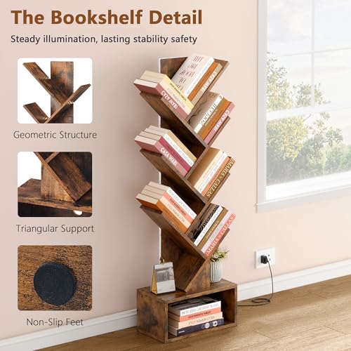 Image of Hoctieon 6 Tier Tree Bookshelf, Tall Bookcase, Freestanding Book Shelf with LED Lights, Display Floor Standing Storage Shelf, Book Organizer Shelves for Home Office, Living Room, Rustic Brown