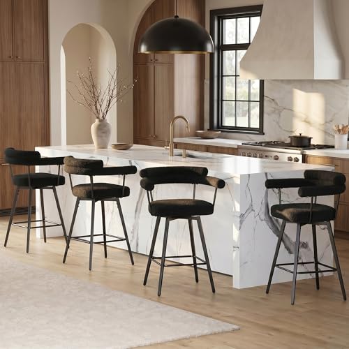 Image of STHOUYN 26 inch Black Swivel Bar Stools Set of 4, Modern Boucle Counter Height Bar Stools with High Back and Metal Legs, Upholstered Bar Chairs Barstools for Kitchen Island, Dining Room (4, Black)