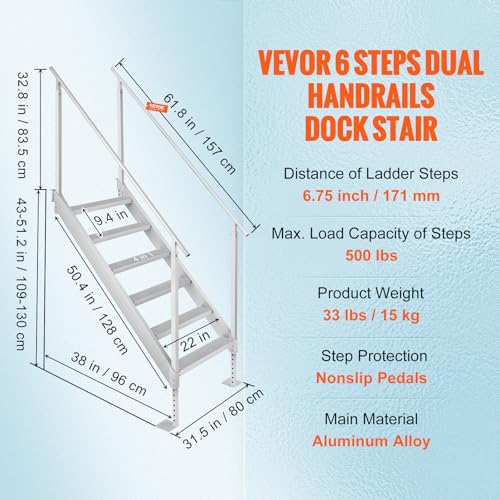 Image of VEVOR Dock Ladder 6 Steps, 500lbs, Aluminum Adjustable Height Pool Steps