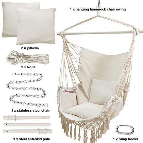 Rooity Hammock Chair With Tassels Hanging Rope Swing With 2 Cushions;Steel Spreader Bar With Anti Slip Rings;350Lbs Max;Cotton Woven Fabric For Bedroom,Patio,Porch,Deck-Indoor Outdoor White #TOP3