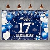 P.G Collin Happy 17th Birthday Banner Backdrop Sign Background, 17 Birthday Party Decorations Supplies for Boys Girls 6 x 4ft Blue Silver Blue-17 HB17-FH