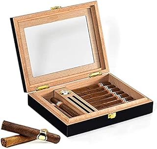 Cave à cigares Boîte de rangement pour humidificateur de bureau en cèdre espagnol pour 50-80 cigares - Hygromètre et étui en bois de cèdre fabriqué à la main pour le contrôle de l’humidité (noir)