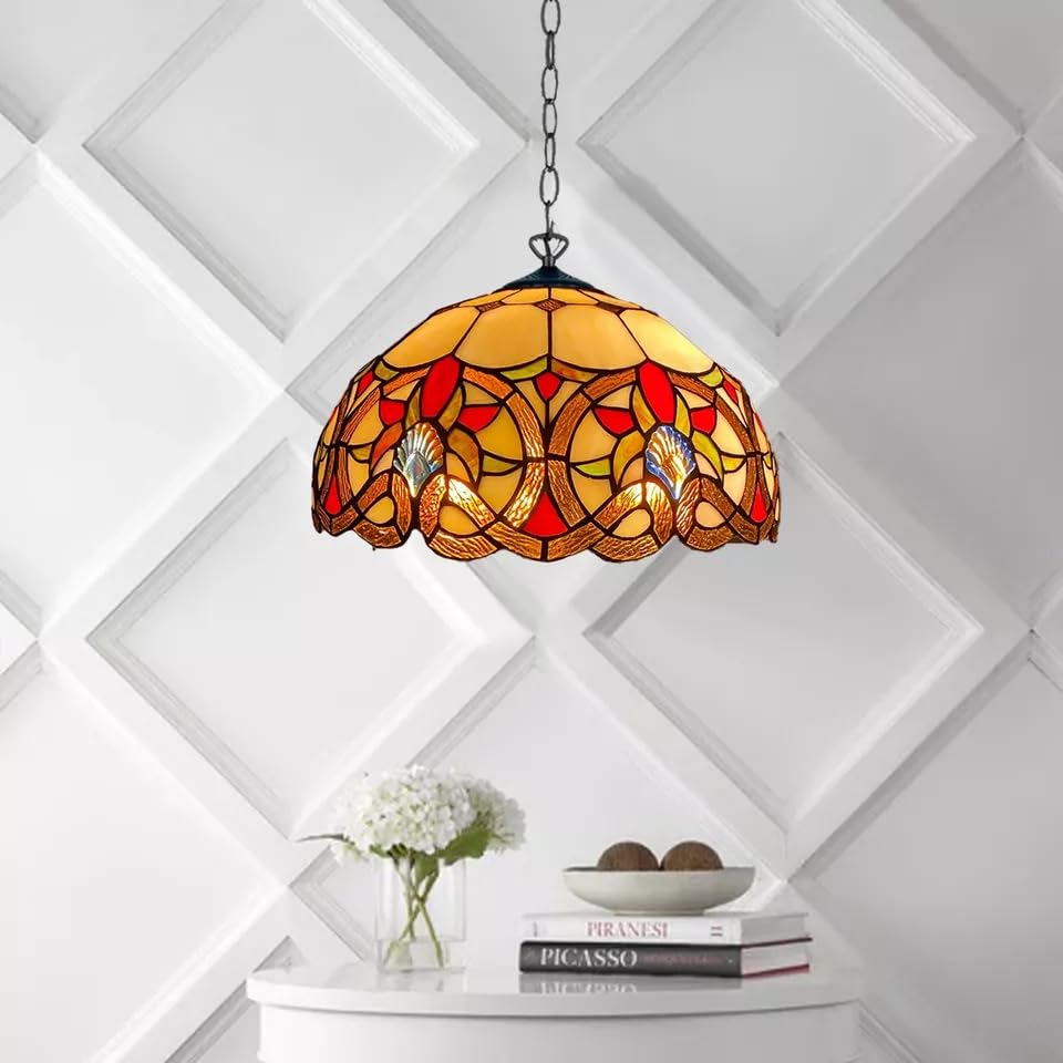 TIFFORA Tiffany Pendant Lamps - Handcrafted Stained Glass 16 inch Pendent Light - Antique Design Pendant Lamps for Living Room Bedroom Lounge (TF(P)-1650)