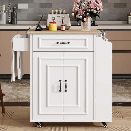 odikalo Isla de cocina con ruedas 66 x 40 (60) x 90 cm, carro de cocina con encimera abatible, estantes de almacenamiento laterales, cajones, toallero y estante para especias