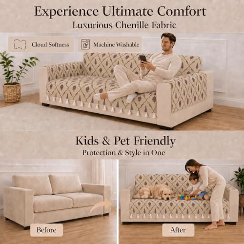 Image of STITCHNEST 'Eden Weaves Collection Series' 2 Seater Sofa Cover | Full Coverage with Armrest Pockets | Elegant Woven Fabric, Decorative Tassels, Washable & Durable for Modern Living
