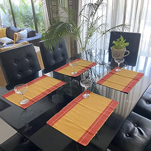 Image of RANGBHAR Handloom Washable Ribbed Cotton Tablemats /Placemats, Set of 4, 12x18, Fade /Heat Resistant, Red Mustard, Striped