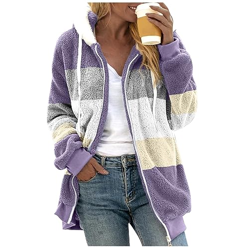 Fuzzy Fleece Jackets for Women Plus Size Hoodies Fall Winter Coats Color Block Patchwork Cardigan Coat with Pockets