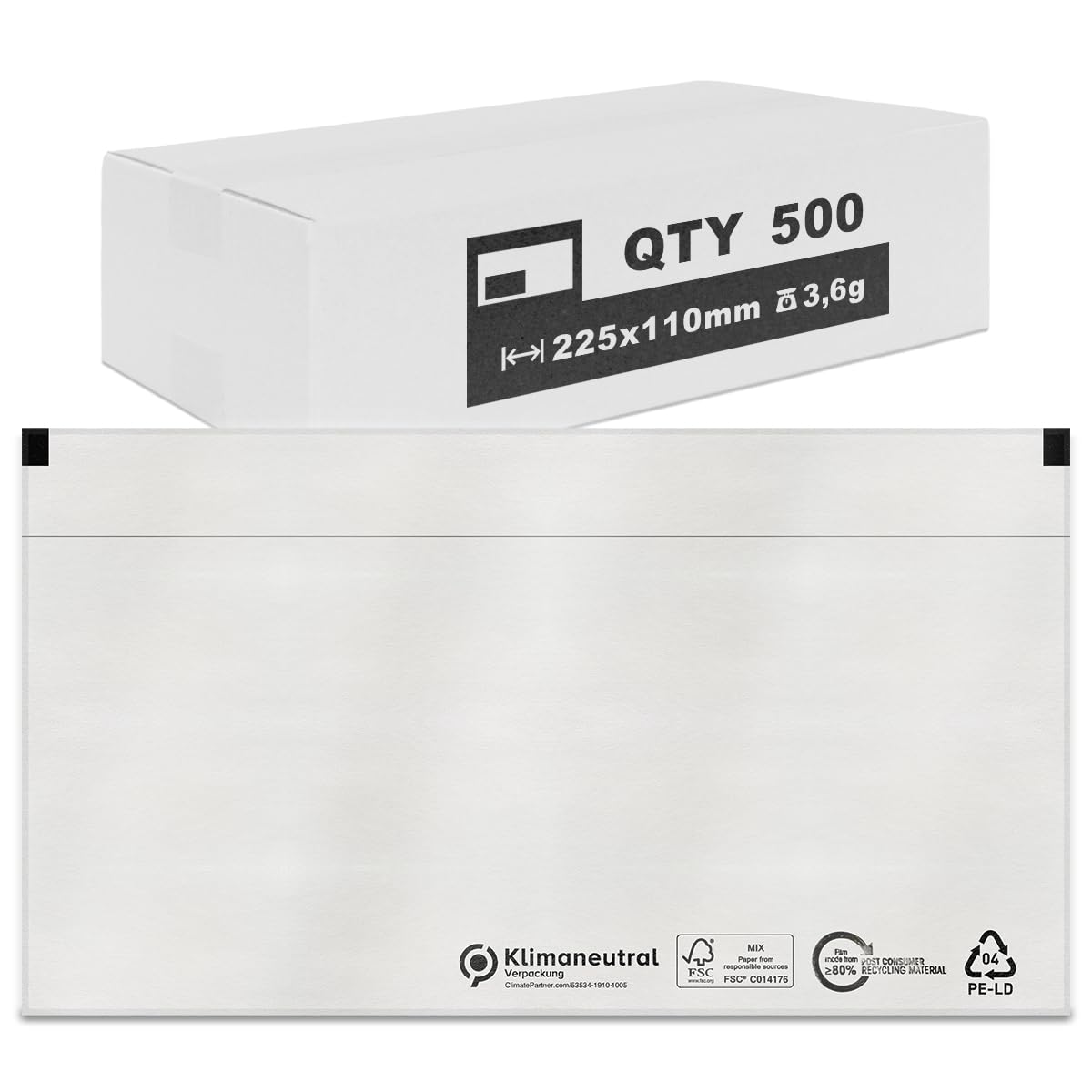 verpacking 500 Lieferscheintaschen Transparent 225 x 110 mm DIN Lang selbstklebend Dokumententasche für Rechnungen und Lieferscheine
