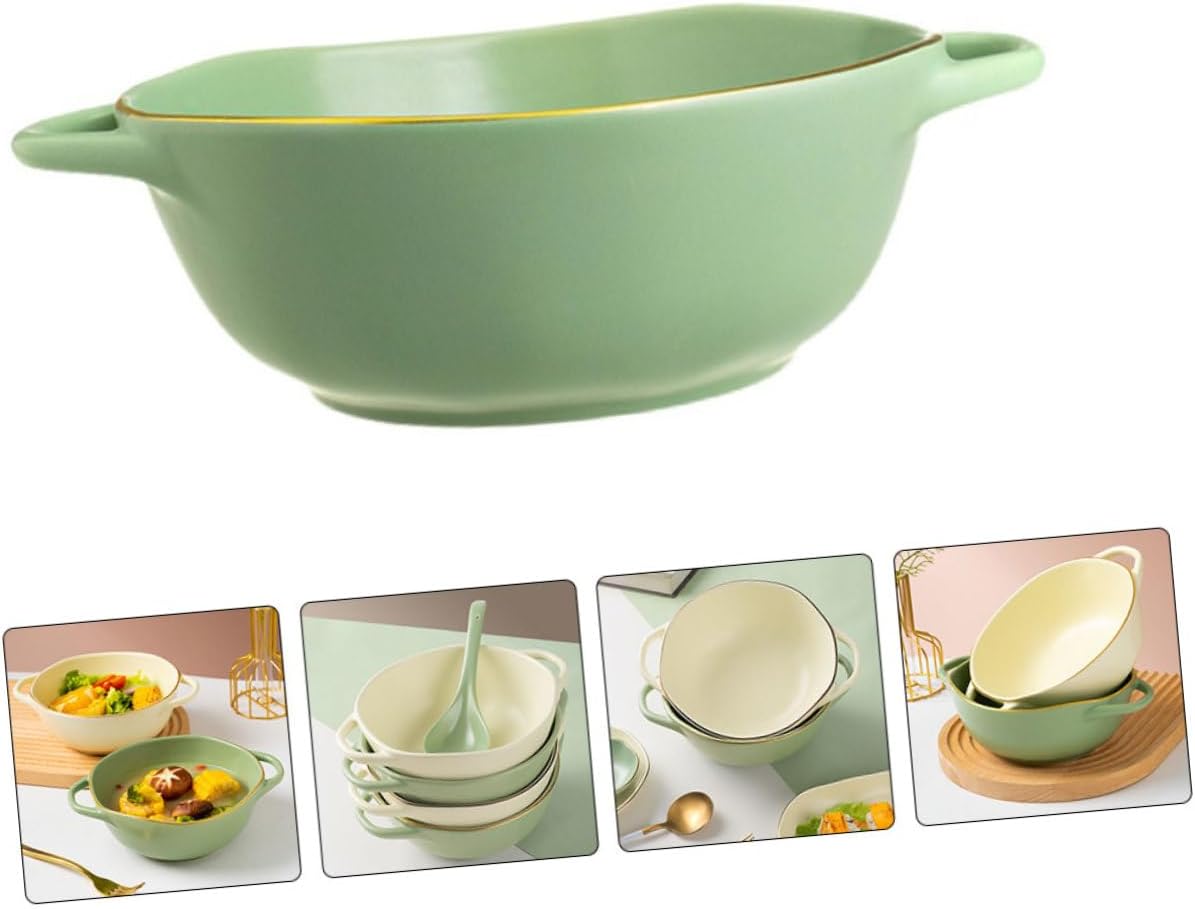 Housoutil Ceramic Soup Bowl with Handles Double Ear Baking Dish Matcha Green Oven-safe Salad Serving Bowl for Household Dining