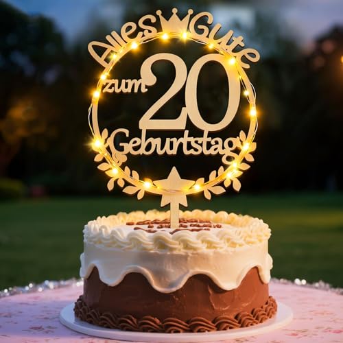 20 Geburtstag Deko Tortendeko 20. Geburtstag Frau Mann mit LED Holz Cake Topper Cupcake Deko KuchenDeko Geburtstagsdeko 20Cake Decoration