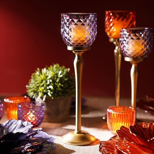 Image of Pure Home Purple Diamond Cut Hurricane - Large | Size: 9 x 9 x 24 cm | Premium Hurricanes for Home Decor | Living Room & Home Decor Showpiece | Ideal for Housewarming & Wedding Gifts | Decor | Pack of 1