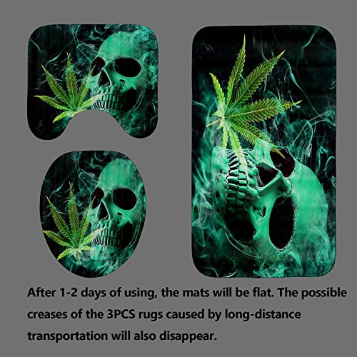 Olebety 4Pcs Skull Shower Curtain Sets With Rugs, Green Marijuana Cannabis Weed Leaf Smoke Gothic Halloween Skeleton Bathroom Decor Waterproof Fabric Shower Curtain Stoner Room Decor For Men Teen Boys #TOP3