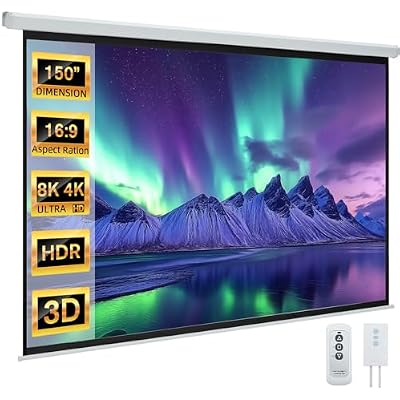 YODOLLA 150 Projector Screen Motorized 16:9, 4K HD Pull Down Retractable Projection Screens Electric Automatic Wall Ceiling Movie Screen for Office Classroom Indoor with Remotes
