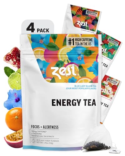 Zest Energy Tea Assortment Box – High Caffeine Tea Bags Sampler with Black & Green Tea – Caffeinated Coffee Alternative for Morning Focus – 80 Tea Bags – 135-150mg Caf per Cup – Natural, Non-GMO, Keto