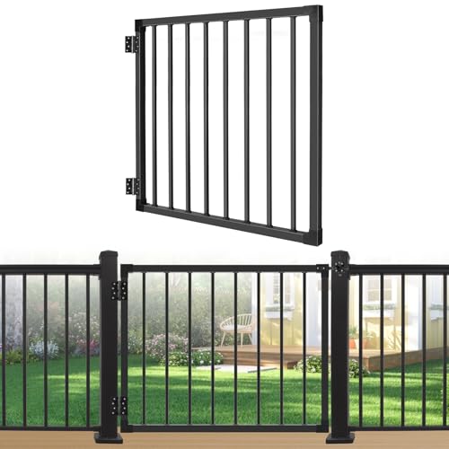Deck Gate Outoor 36 Black Heavy Duty Steel Anti-Rust Fence Door with Adjustable Width (Up to 48) Easy Installation Metal Gate for Residential Yard Patio with Hinges and Latch
