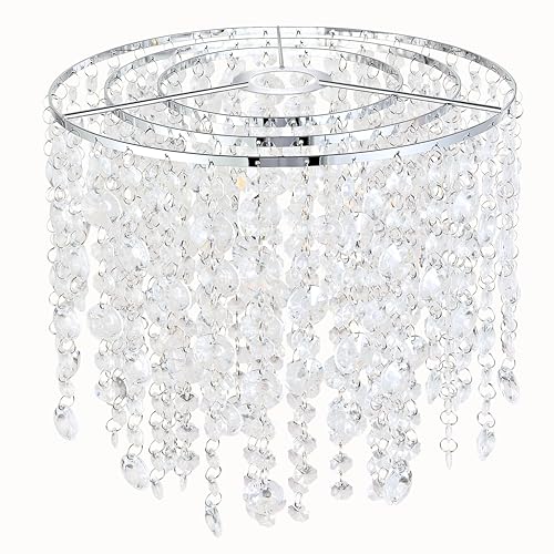 Acrylic Chandelier Shade, Ceiling Light Shade Beaded Pendant Lampshade with Crystal Beads and Chrome Frame for Bedroom, Wedding or Party Decoration, Diameter 12 inches, 3 Tiers, Clear (Modern)