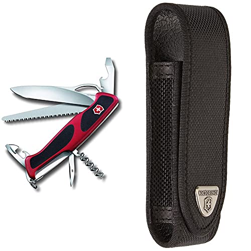 Victorinox Ranger Grip 79 Couteau de Poche Suisse, Multitool, 12 Fonctions, Lame Fixe, Ouverture Une Main, Rouge/Noir & Etui Etui Noir