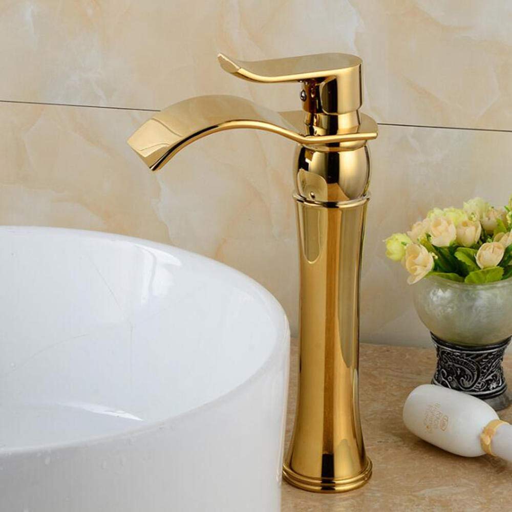Grifo Baño Lavabo Alto Cascada Grifos de Lavabo Latón Frío y Calor Grifo de Baño En Cascada Lavabo Sobre Encimera Aumento Grifo de Lavabo-Dorado