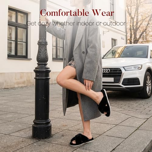 Image of Ankis Women's Fuzzy Slippers Cross Band Memory Foam Open Toe Comfy Soft House Shoes Anti-Slip Indoor Outdoor Gifts for Women