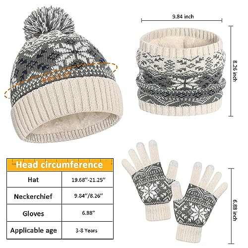Kids Winter Knit Beanie Hat Scarf Gloves Set for Toddler Girls Boys with Pompom,Child Fleece Lining Hat Scarf Gloves3