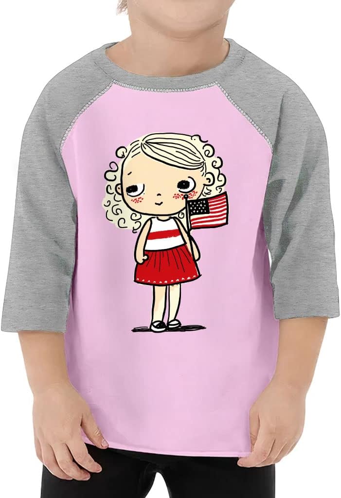 American Flag Design Toddler Baseball T-Shirt - Cute Cartoon 3/4 Sleeve T-Shirt - Cute Design Kids' Baseball Tee