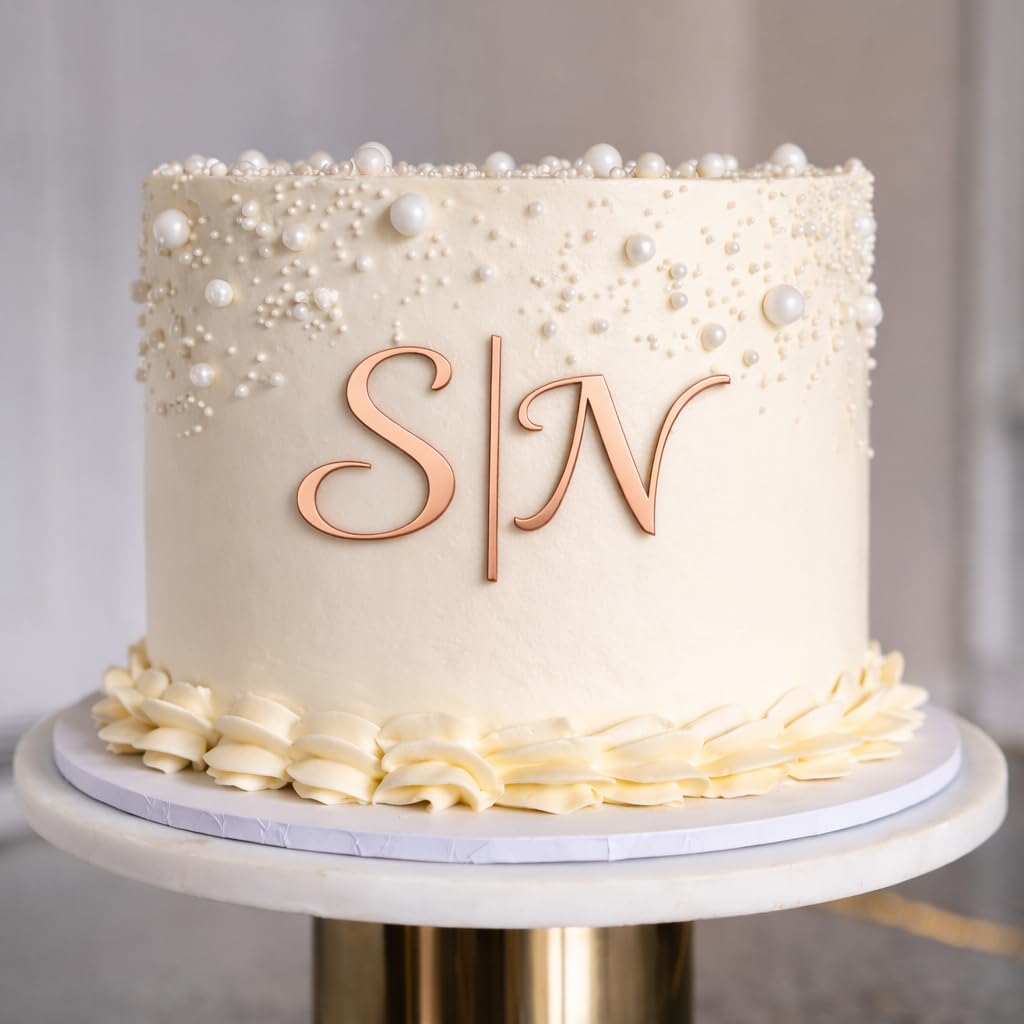 ZMR SHOP CRAFT Personalisation Monogram Cake Topper, 3mm Thickness MultiColored Acrylic Cake Topper, Wedding Monogram Decoration, Elegant Script Initial (Rose Gold)
