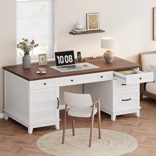 Garvee 60" Wooden Home Office Desk with File Drawers, Executive Desk with Adjustable Cabinet, Farmhouse Wood Desk with Power Outlet, Distressed Study and Work Table, Rustic White Rustic Whit