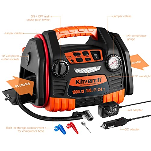 Kinverch Jump Starter With Air Compressor 1000 Peak Portable Battery Jump Starter&Usb Port/12V Power Ports #TOP2