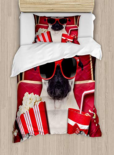 Ambesonne Pug Duvet Cover Set, Funny Dog Watching Movie Popcorn Soft Drink and Glasses Animal Photograph, Decorative 2 Piece Bedding Set with 1 Pillow Sham, Twin Size, Cream Ruby