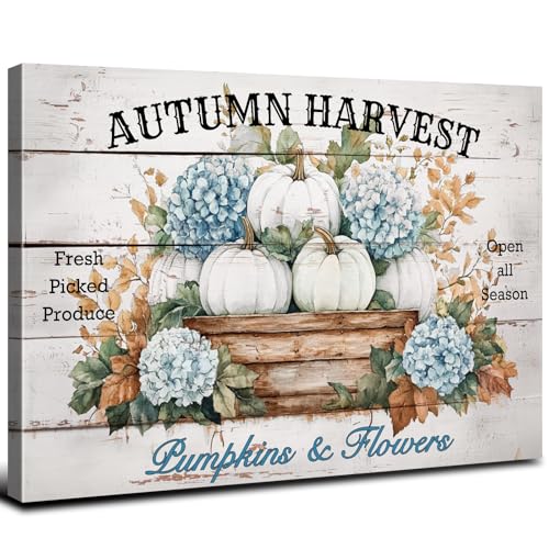 Image of Large Flowers Pumpkin Wall Art Fall Decorations for Home Living Room Wall Decor, Farmhouse Blue and White Hydrangea Floral Poster Canvas Prints Vintage Autumn Harvest Painting Artwork 32x48 inch