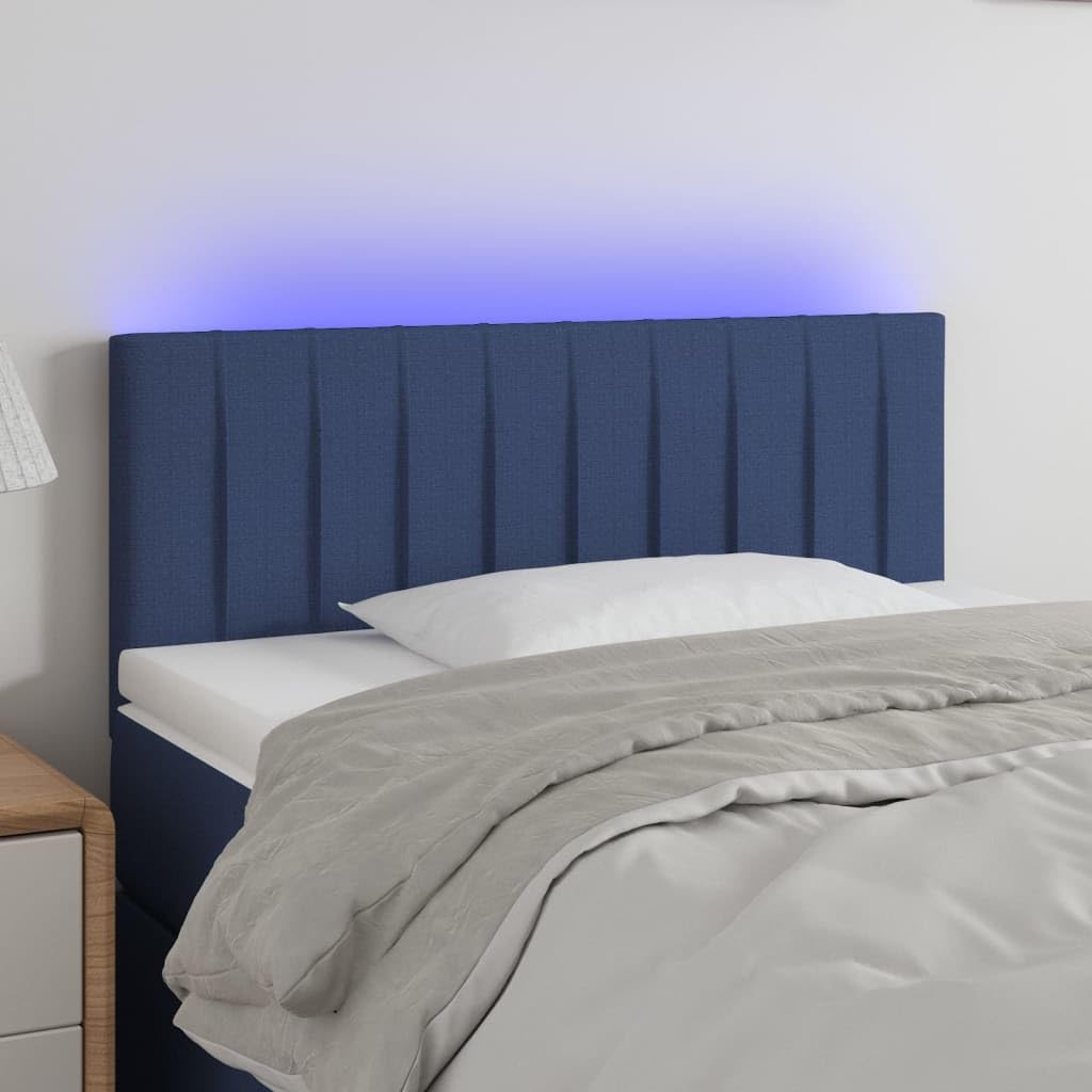 Testiera del letto con LED, tessuto blu, 80x5x78/88 cm, con altezza regolabile e striscia di taglio a LED, fornisce un eccellente supporto per la schiena durante la lettura in camera da letto.