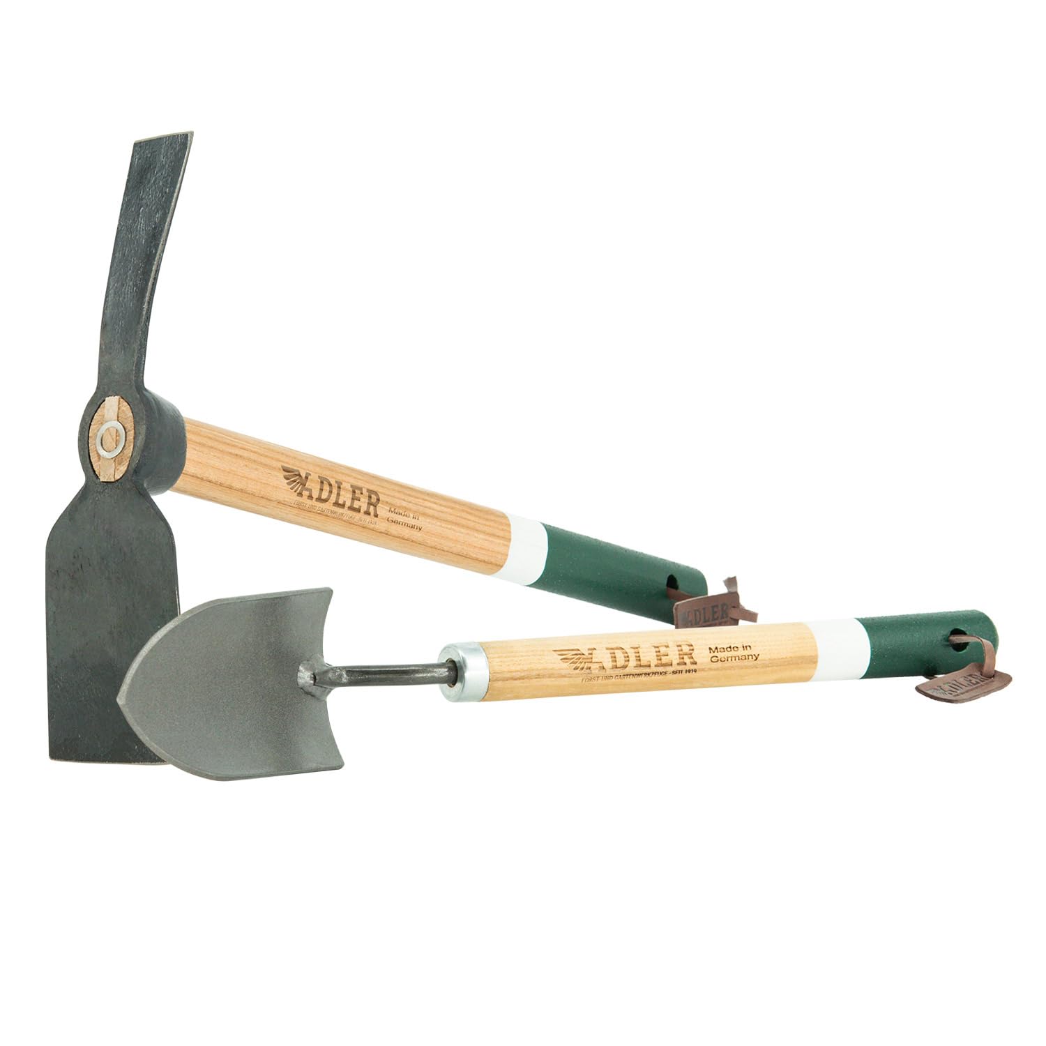 ADLER Set da giardino 2 pezzi – zappa forgiata Ivy & Cazzuola Holly – 45 cm manico in legno di frassino (Rosie - a 1 dente con lama piatta - verde/bianco)