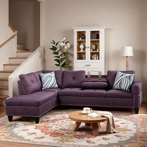 Image of L-Shaped Sectional Sofa, Modern 4-Seat Couch with Built-in Cup Holders, Upholstered Fabric Sectional Couch with Left Facing Chaise for Living Room, Apartment, Office, Purple