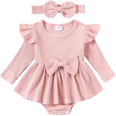 Mubineo Baby Girl Cute Clothes Romper Dress Outfits Fall Winter Ruffle Long Sleeve Basic Plain Rib Knit Newborn Outfit (Pink, 6-9 Months) Cover