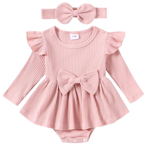 Image of Mubineo Baby Girl Cute Clothes Romper Dress Outfits Fall Winter Ruffle Long Sleeve Basic Plain Rib Knit Newborn Outfit (Pink, 6-9 Months)