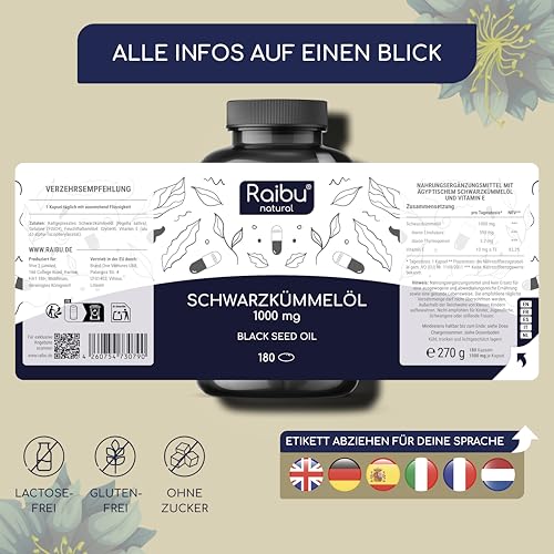 Schwarzkümmelöl Kapseln - 1000 mg pro Tag (1× täglich) - 6-Monats-Vorrat - kaltgepresst aus Nigella sativa - hoher Thymochinongehalt und Linolsäure, ergänzt mit Vitamin E - 180 Softgels