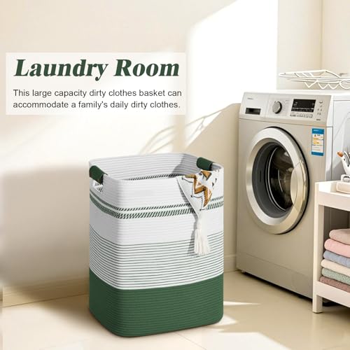 Image of Laundry Hamper, 85L Tall Laundry Basket with Leather Handles, Rectangle Large Clothes Hamper for Organizing, Cotton Woven Laundry Baskets Storage Hampers for Bedroom, Nursery, Living Room