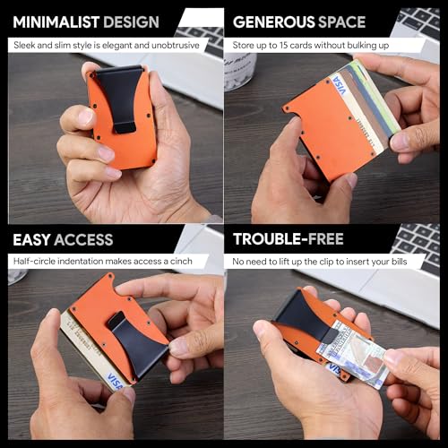 Image of Minimalist Wallet for Men, Slim Metal RFID Blocking Wallet Credit Card Holder Money Clip & Cash Strap, Scratch-Resistant Holds 15 Cards,Ideal Gift for Men | Matt Orange