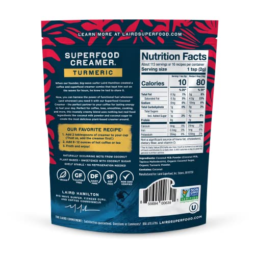 Image of Laird Superfood Non-Dairy Original Superfood Turmeric Coconut Powder Coffee Creamer, Gluten Free, Non-GMO, Vegan, 8 oz. Bag, Pack of 1