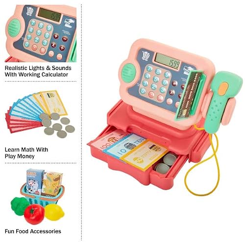 Hey! Play! Cash Register For Kids – 30-Piece Set For Grocery Store Pretend Play With Shopping Basket, Toy Money, And Working Calculator (Pink) (80-Pp170012) #TOP5